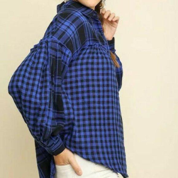 Blue Cotton Plaid Check Button Up Blouse S M L - Picture 5 of 10